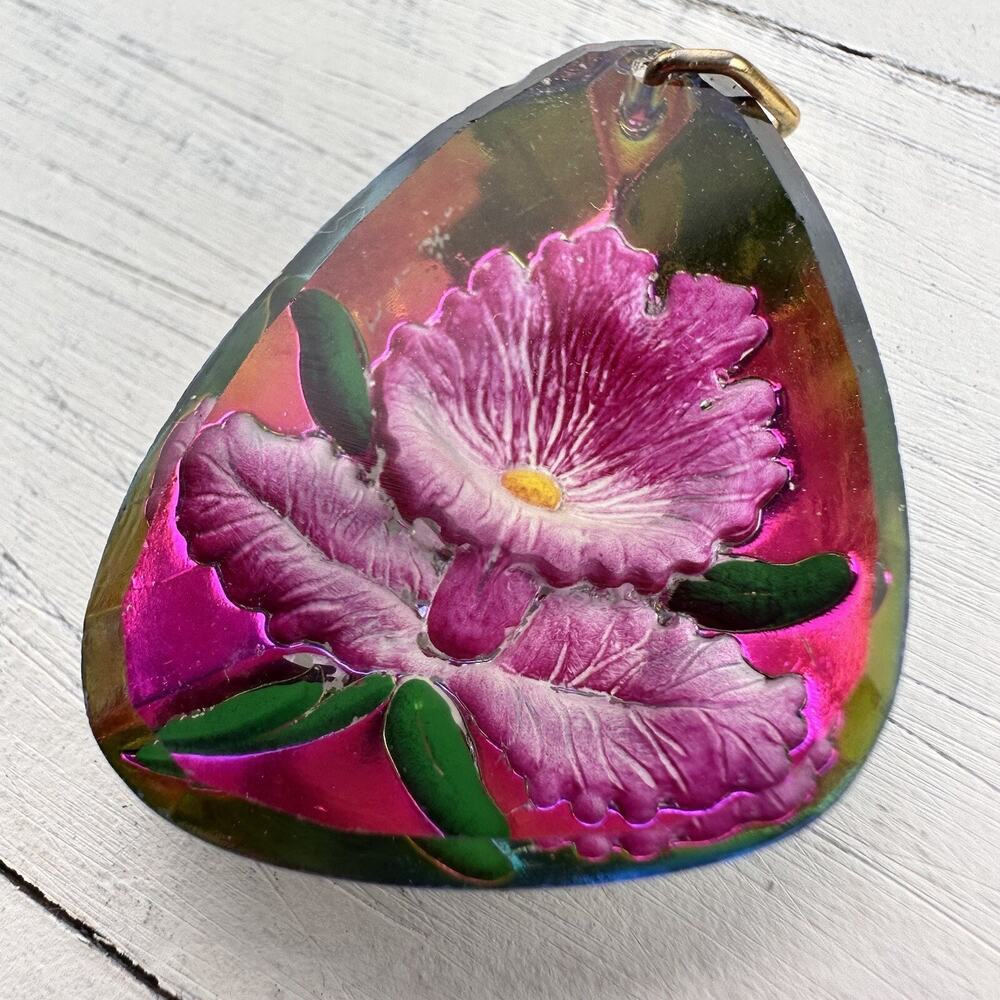Vintage Reverse Carved Intaglio Glass Pink Orchid Flower Iridescent Pendant